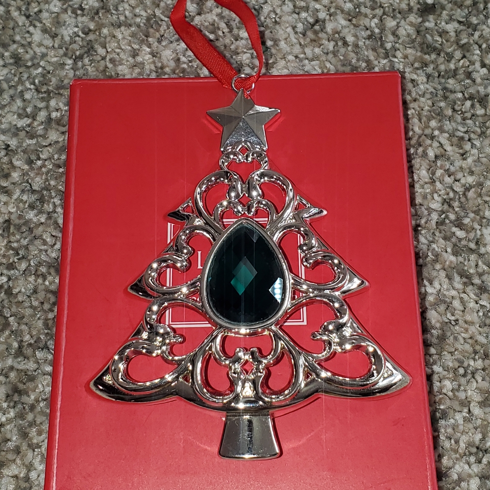 Lenox Silver Christmas Tree Ornament with Green Gem